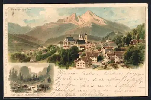 Lithographie Berchtesgaden, Ramsau mit Mühlstutzhörner, Panorama mit Kirche