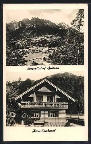AK Grainau, Hotel Haus Sambauer, Dorfansicht mit Zugspitze