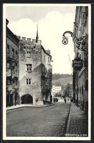 AK Wasserburg a. Inn, Strassenpartie mit Gasthaus Meyer-Bräu