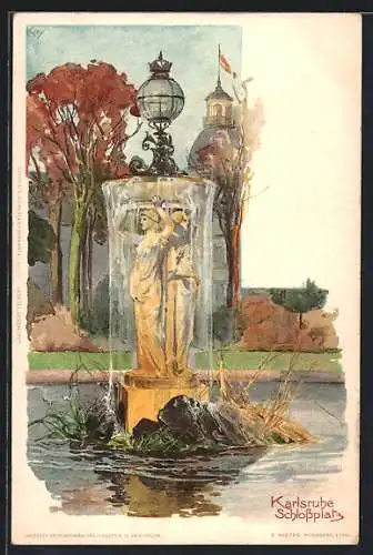 Künstler-AK Heinrich Kley: Karlsruhe, Schlossplatz mit Springbrunnen