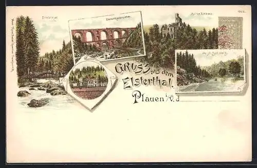 Lithographie Plauen / Vogtland, Elsterthalbrücke, Ruine Liebau, Triebthal