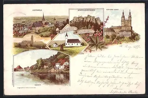 Lithographie Lichtenfels / Main, Ortsansicht, Hausen Ortsansicht Schloss Banz, Staffelbergfelsen