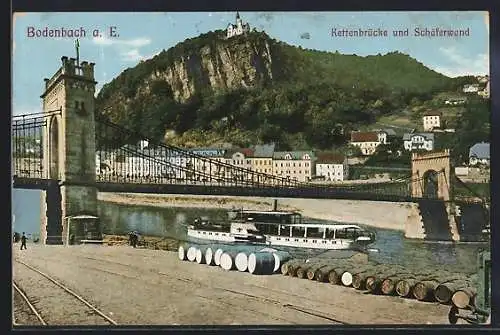 AK Tetschen-Bodenbach / Decin, Kettenbrücke, Schäferwand und Dampfschiff auf der Elbe