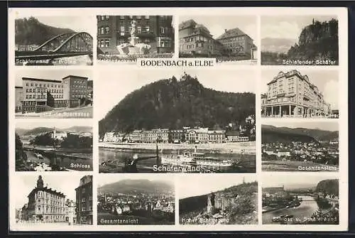 AK Bodenbach a. Elbe, Cafe Corso, Ämtergebäude-Sparkasse, Schäferwand und Brücke