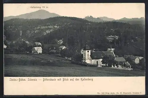 AK Dittersbach /Sächs.-Böhm. Schweiz, Kirche mit Blick auf den Kaltenberg