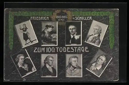 AK 100. Todestag von Friedrich Schiller 1905, Porträt im Alter von 9-45 Jahren