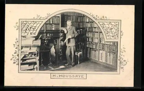 AK H. Houssaye, der Dichter in seiner Bibliothek