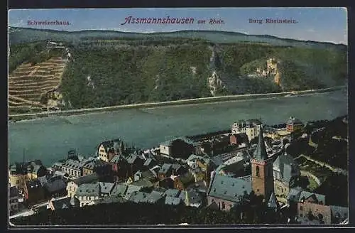 AK Assmannshausen am Rhein, Teilansicht mit Schweizerhaus und Burg Rheinstein