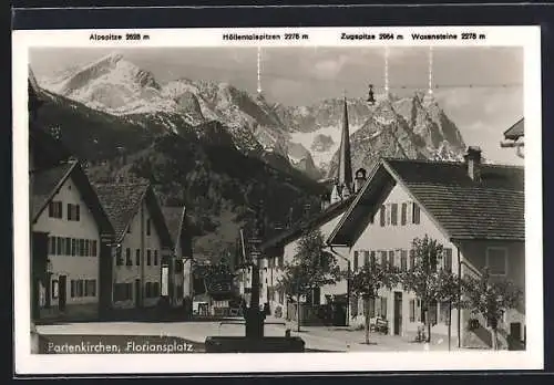 AK Partenkirchen, Floriansplatz mit Alpspitze, Höllentalspitzen, Zugspitze und Waxensteine