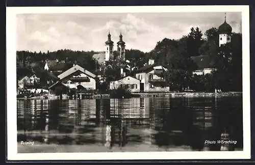 AK Tutzing, Blick über den See auf die Pfarrkirche