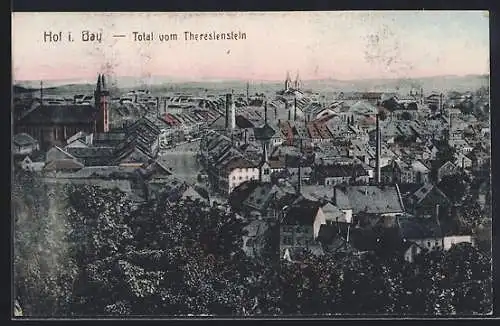 AK Hof i. Bay., Totalansicht vom Theresienstein mit Strassenpartie