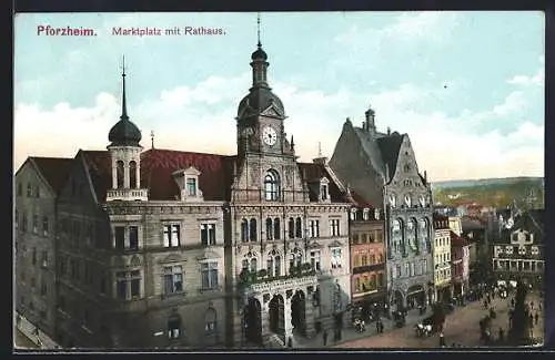 AK Pforzheim, Marktplatz mit Rathaus