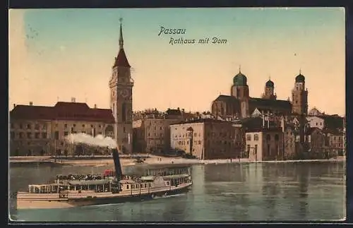 AK Passau, Rathaus mit Dom und Dampfer