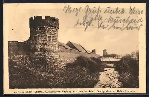 AK Zons, Ehem. Kurkölnische Festung aus dem 14. Jh., Stadtgraben mit Krötschenturm