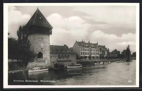 AK Konstanz /Bodensee, Rheintorturm mit Booten