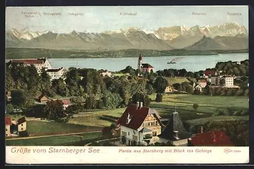 AK Starnberg, Ortspartie mit Blick ins Gebirge, Starnberger See