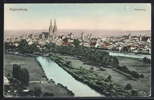 AK Regensburg, Panorama mit Kirche
