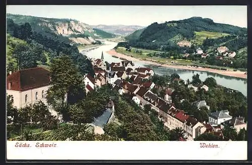 AK Wehlen / Sächs. Schweiz, Totalansicht mit Flussblick aus der Vogelschau