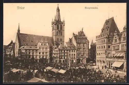 AK Trier, belebter Hauptmarkt mit Kirche