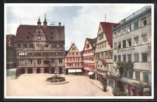 AK Tübingen, Rathaus mit Gasthof zum Lamm und Geschäften am Marktplatz