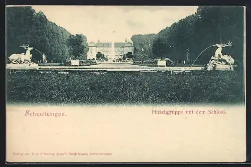 AK Schwetzingen, Hirschgruppe mit dem Schloss