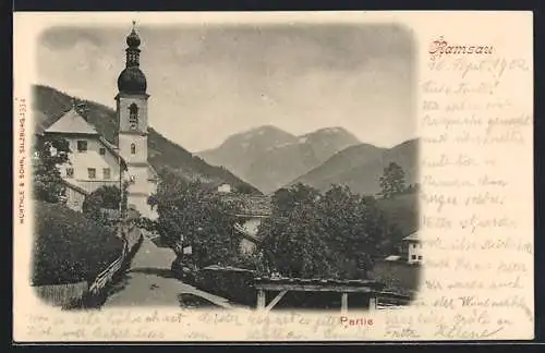 AK Ramsau / Berchtesgaden, Kirchenpartie mit Bergpanorama