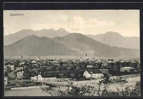 AK Rosenheim / Bayern, Totalansicht mit Brücke und Bergen aus der Vogelschau