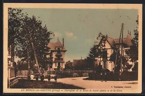 AK Le Mesle-sur-Sarthe, Carrefour de la Route de Saint-Aubin et de la Gare