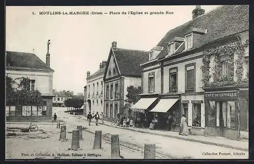 AK Moulins-la-Marche, Place de l`Eglise et grande Rue