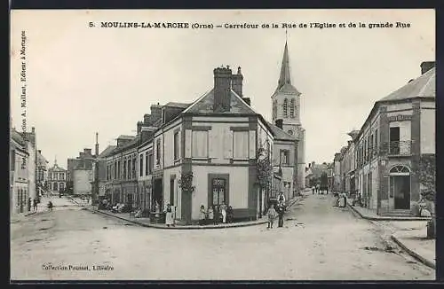 AK Moulins-la-Marche, Carrefour de la Rue de l`Eglise et de la grande Rue