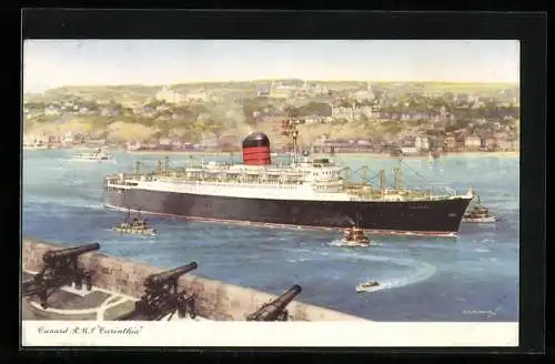 Künstler-AK Passagierschiff RMS Carinthia von einer Festung betrachtet, Cunard Line