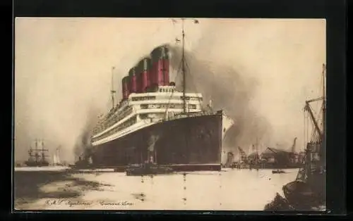 Künstler-AK Passagierschiff R.M.S. Aquitania im Hafen, Cunard Line