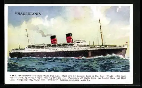 AK Passagierschiff RMS Mauretania, Cunard White Star Line