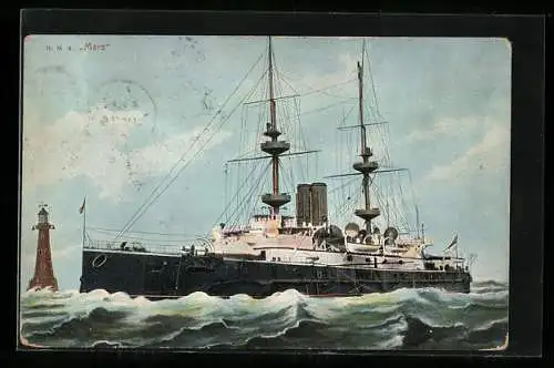 AK Kriegsschiff HMS Mars an einem Leuchtturm