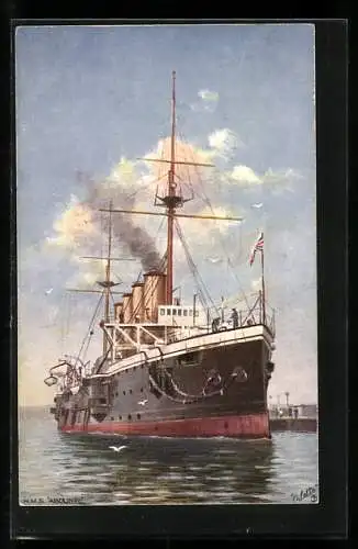 Künstler-AK Kriegsschiff H.M.S. Aboukir in Hafennähe