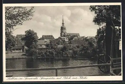 AK Lübben im Spreewald, Spreepartie mit Blick zur Kirche