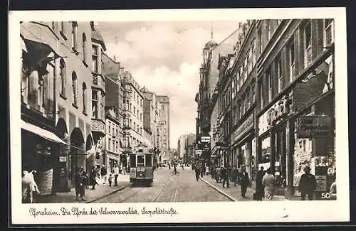 AK Pforzheim, Leopoldstrasse, Strassenbahn, Geschäfte