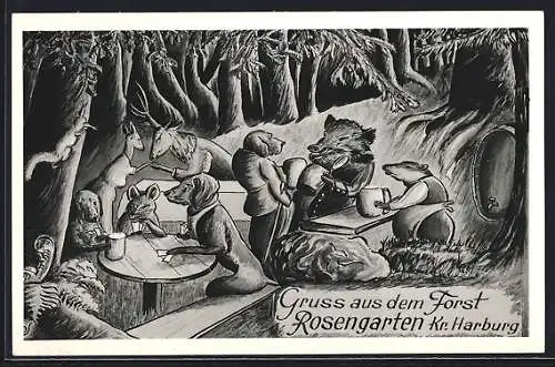 Künstler-AK Harburg, Wildschwein, Hund und Hirsch im Forst Rosengarten