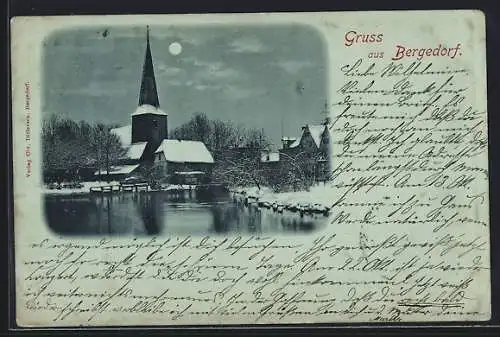 Mondschein-AK Bergedorf, Uferpartie mit Kirche im Schnee