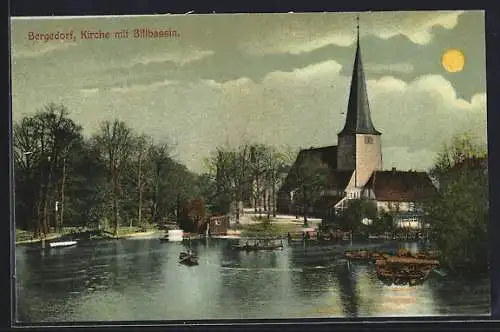 AK Bergedorf, Kirche mit Billbassin bei Mondschein