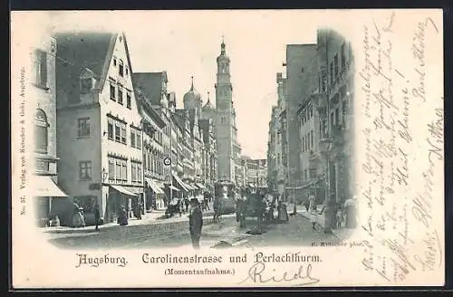 AK Augsburg, Carolinenstrasse und Perlachthrum, Strassenbahn