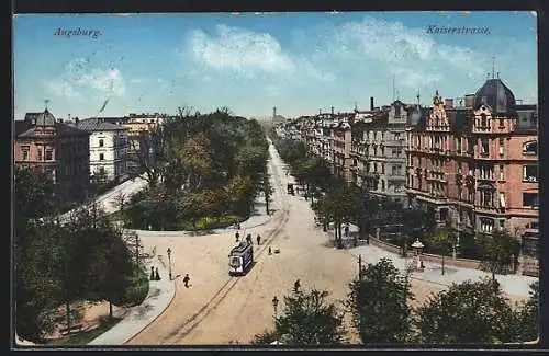 AK Augsburg, Kaiserstrasse mit Strassenbahn aus der Vogelschau