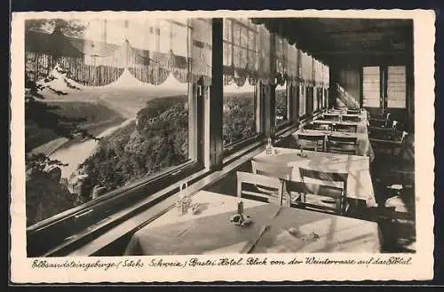 AK Bastei /Sächsische Schweiz, Bastei Hotel, Blick von der Weinterrasse auf das Elbtal