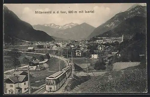 AK Mittenwald a. d. Isar, Teilansicht mit Isartal und Strassenbahn