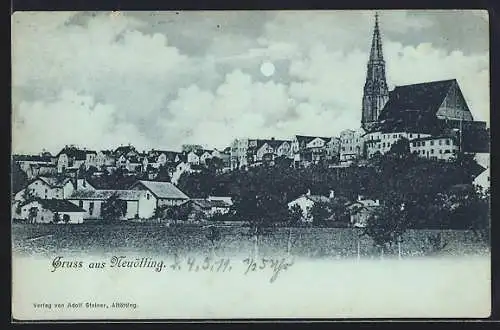 Mondschein-AK Neuötting, Teilansicht mit Kirche