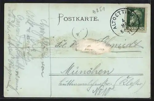 Mondschein-AK Neuötting, Teilansicht mit Kirche