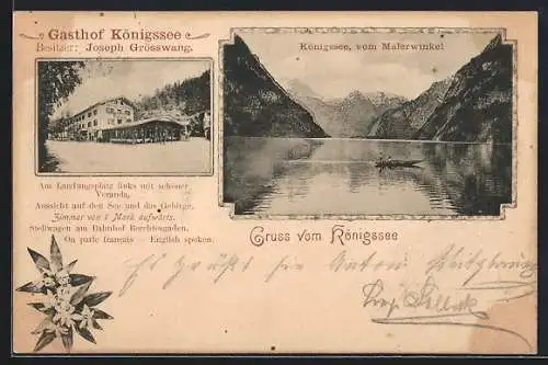 AK Königssee / Berchtesgaden, Gasthof Königssee, Teilansicht mit Boot vom Malerwinkel aus