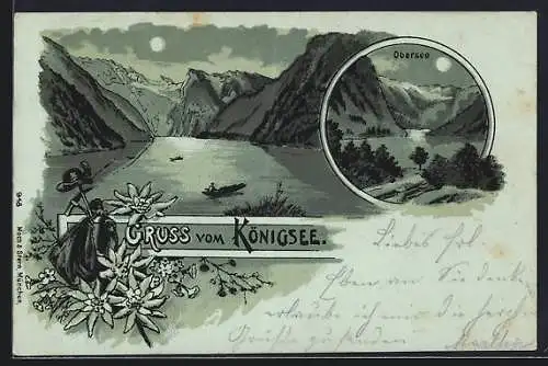 Mondschein-Lithographie Königsee / Berchtesgaden, Teilansicht, Obersee