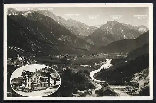 AK Hinterstein /Allgäuer Alpen, Gasthof und Pension zum Steinadler, Panorama mit Kugelhorn, Rauhhorn und Schänzlespitz