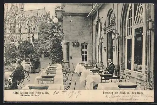 AK Köln, Hotel Kölner Hof, Terrasse mit Blick auf Dom